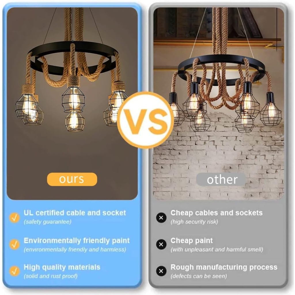 FazNova Hemp Rope Chandelier| Rustic & Eco-Friendly Lighting for Unique Interiors