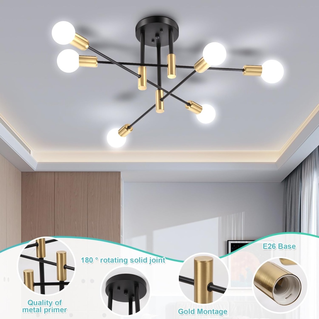 Modern Sputnik Chandelier | Ceiling Light Fixture Flush Mount | 6-Lights Black Chandelier - Image 4